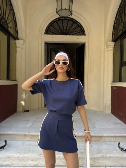 Osy Modal Yumuşak Dokulu Kumaş Parçalı Bisiklet Yaka T-shirt Mini Şortlu Etek İkili Takım -Lacivert resmi